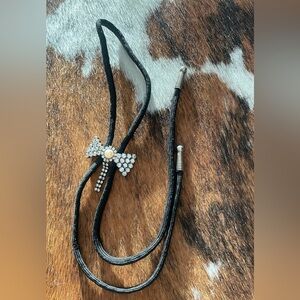 Black Bolo Tie with Rhinestone Bow and Pearl Pendant